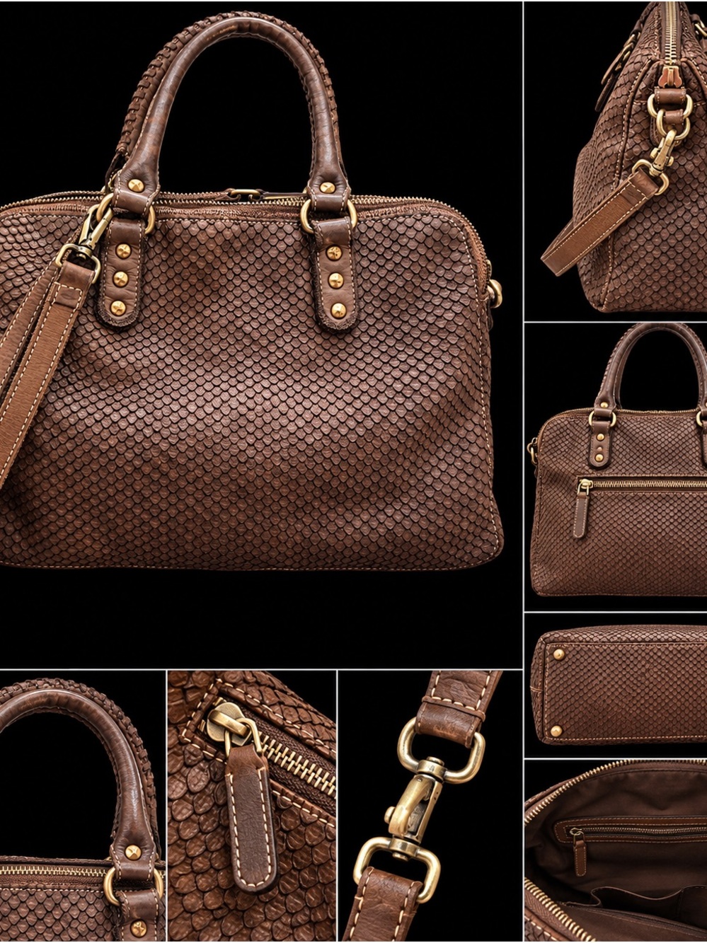 Women's Brown Textured Leather Satchel Bag - Classic Carryall